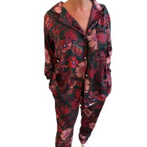 REVOLVE NWT 3 PLUSH Piece Set Women's Green Pink Floral Satin Pajamas Pockets